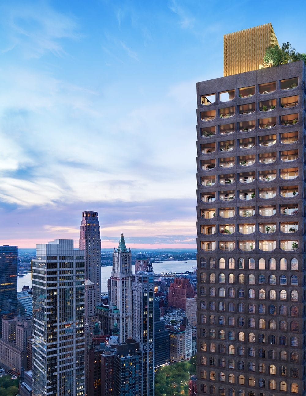 Exterior aerial view of 130 William condominiums in New York City. Includes surrounding buildings and daytime sky.