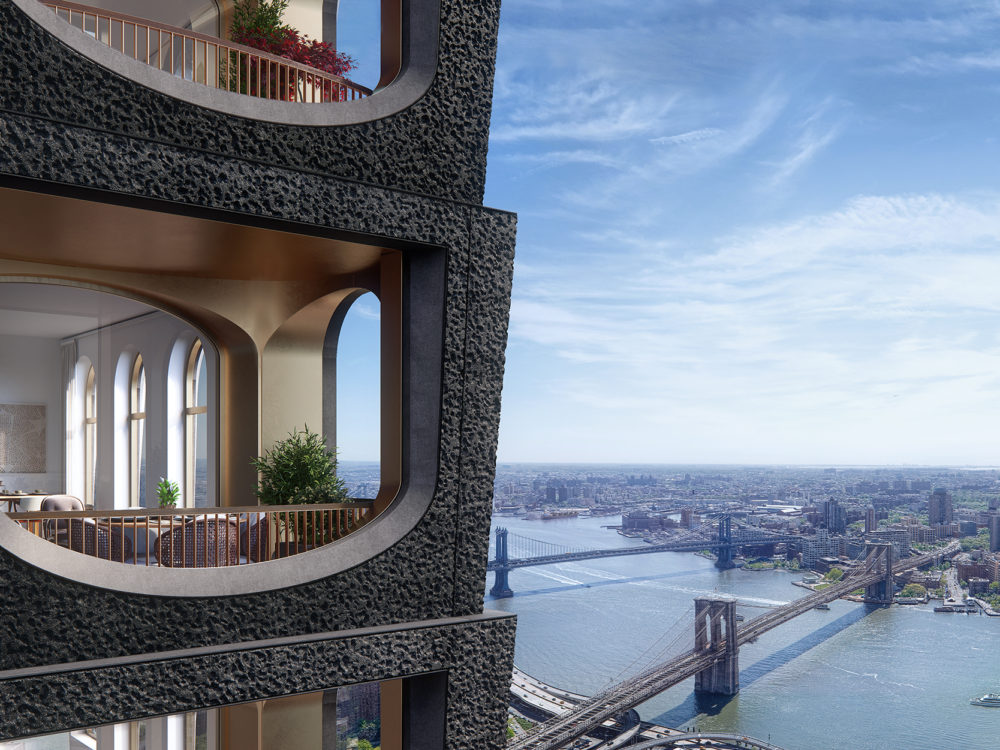 Close up exterior of 130 William condominiums in New York City. View of building windows, river and bridge during the day.