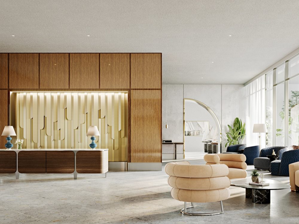 Interior lobby at Mr. C Residences in Miami. Condo complex reception area with seating along tall windows to right of room.