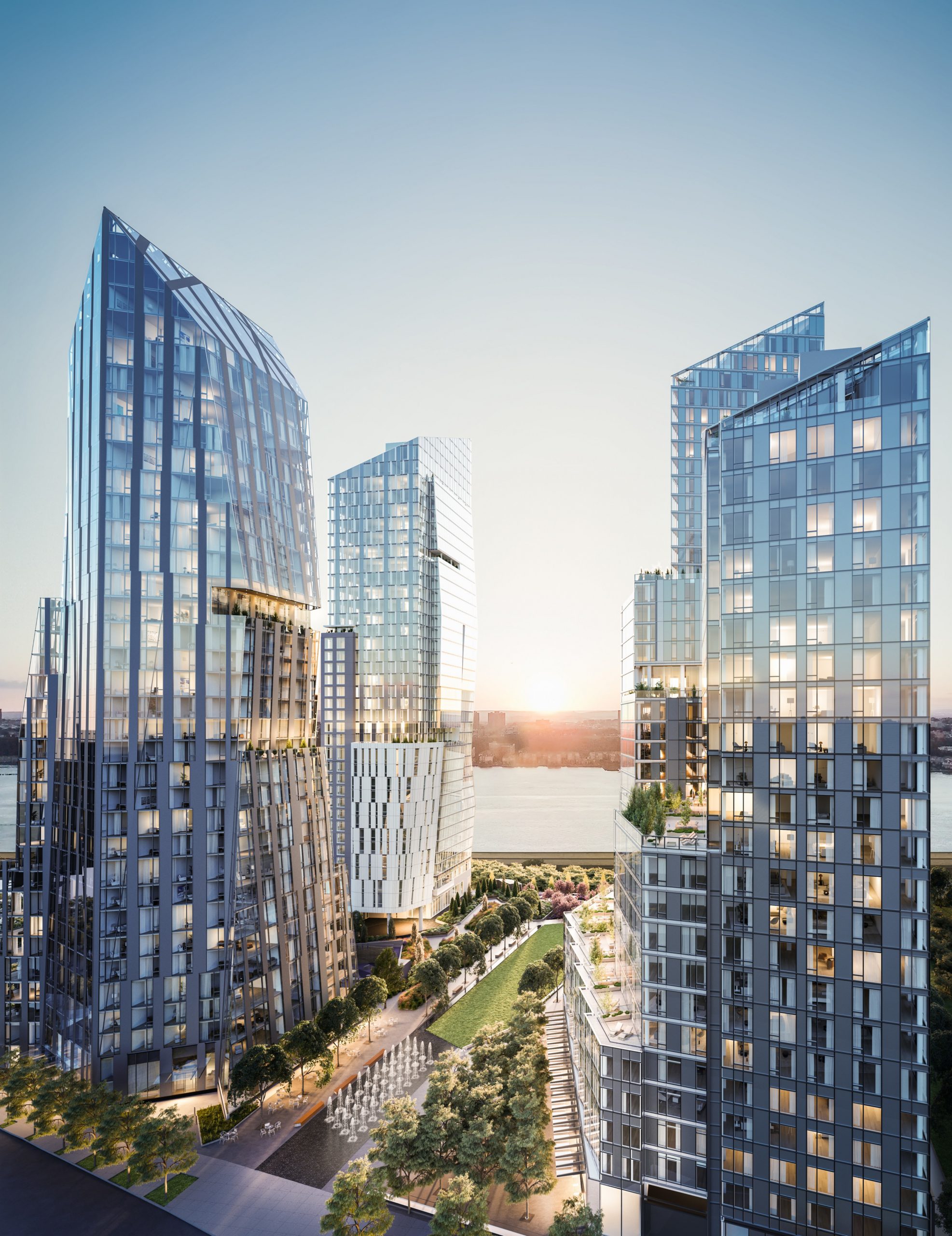 Birds eye view of Waterline Square luxury apartments in New York. Looking between the residential towers at The Hudson River.