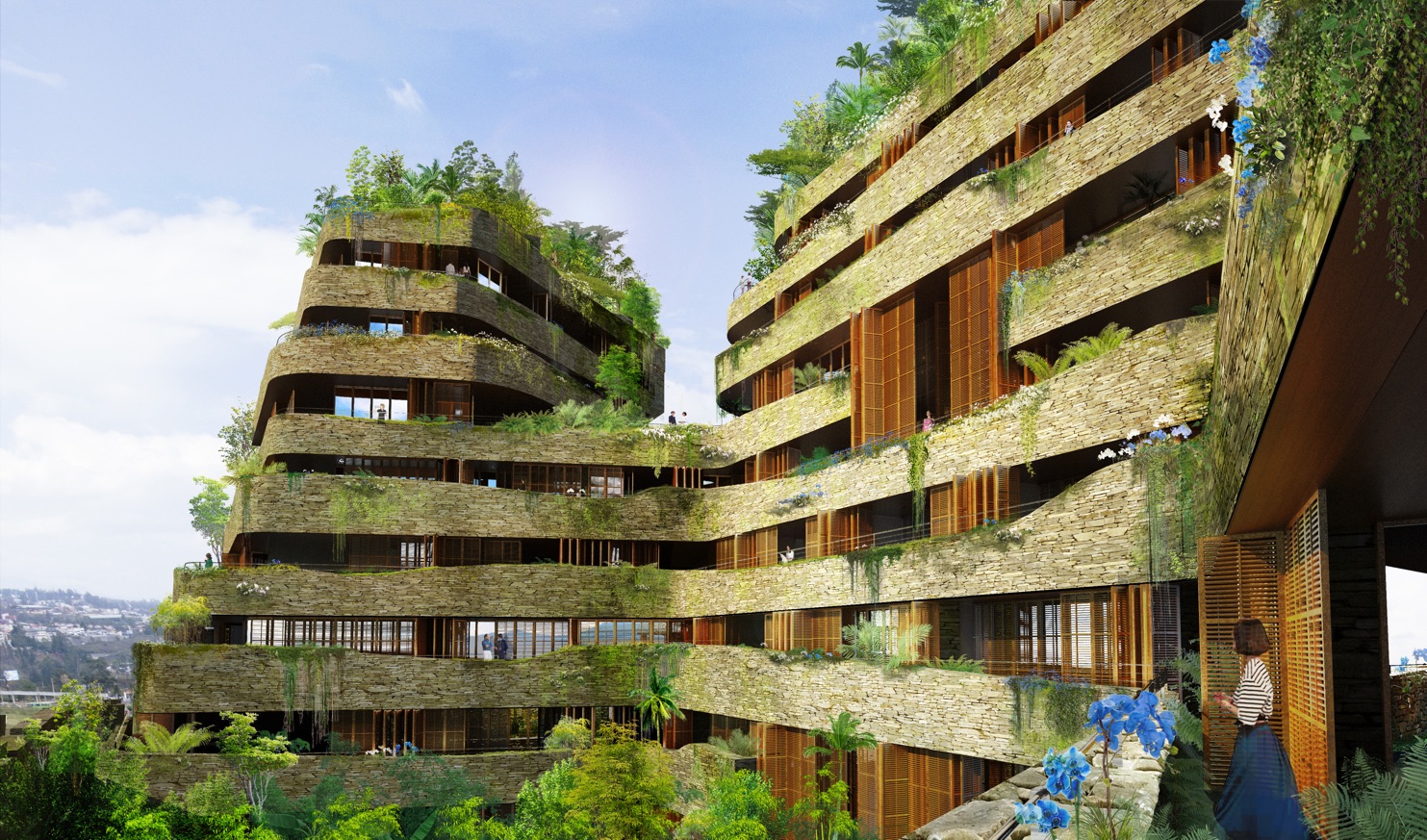 Rendering of Aquarela, a high-end residential complex in Quito, Ecuador. Timber building with balconies and greenery.