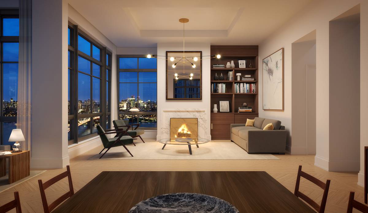 Interior view of living room with fireplace in 25 Park Row with skyline view of New York City. Has white walls and furniture.
