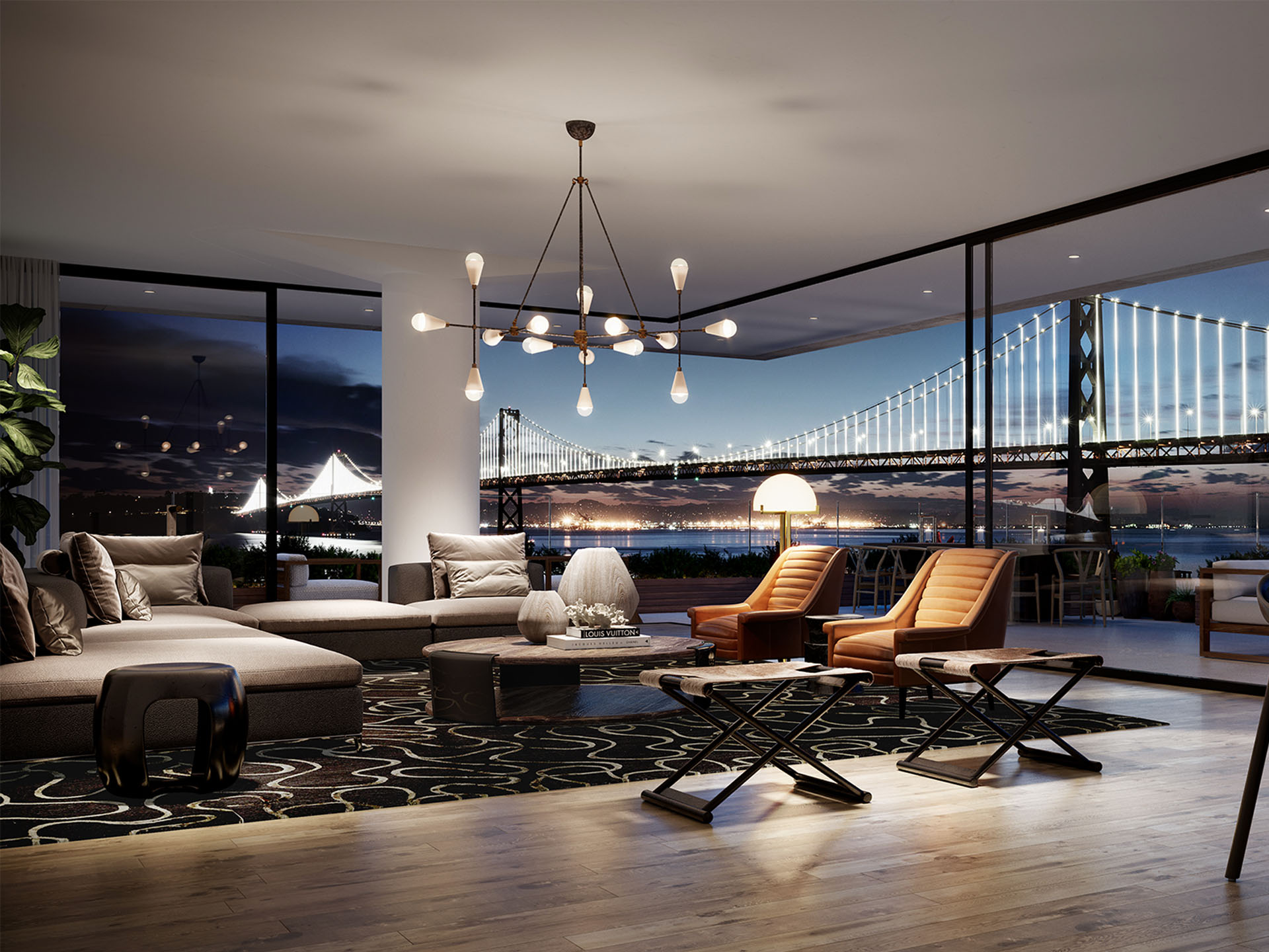 Living room at One Steuart luxury condos in San Francisco. Corner room with furniture, tall windows and Bay Bridge views.