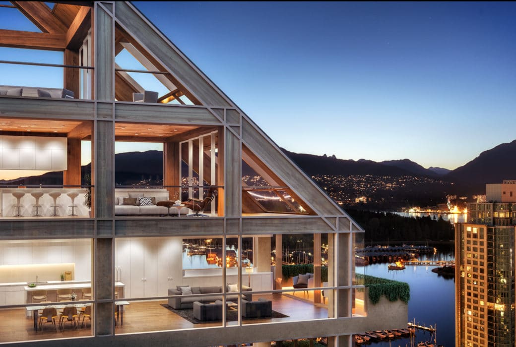 Birds eye look in at Terrace House luxury condos in Vancouver. Sky at sunset with buildings overlooking the harbour.