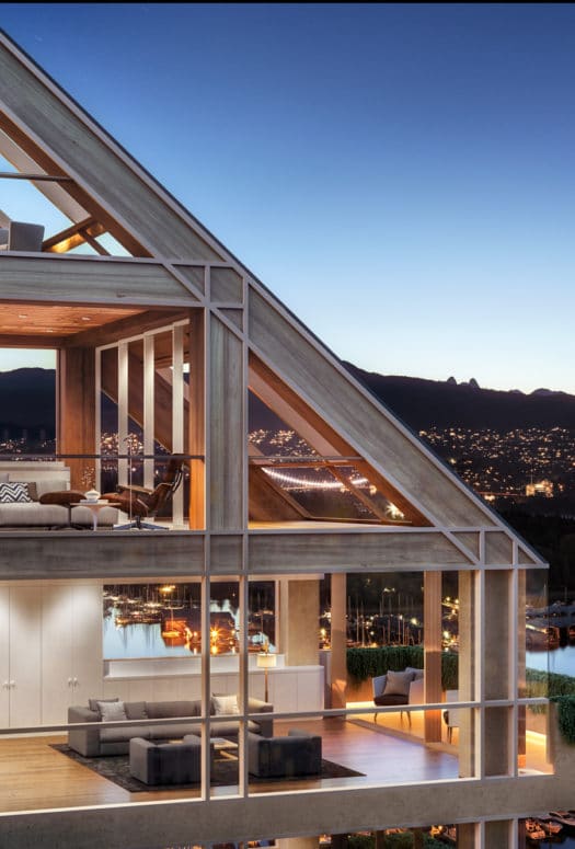 Birds eye look in at Terrace House luxury condos in Vancouver. Sky at sunset with buildings overlooking the harbour.