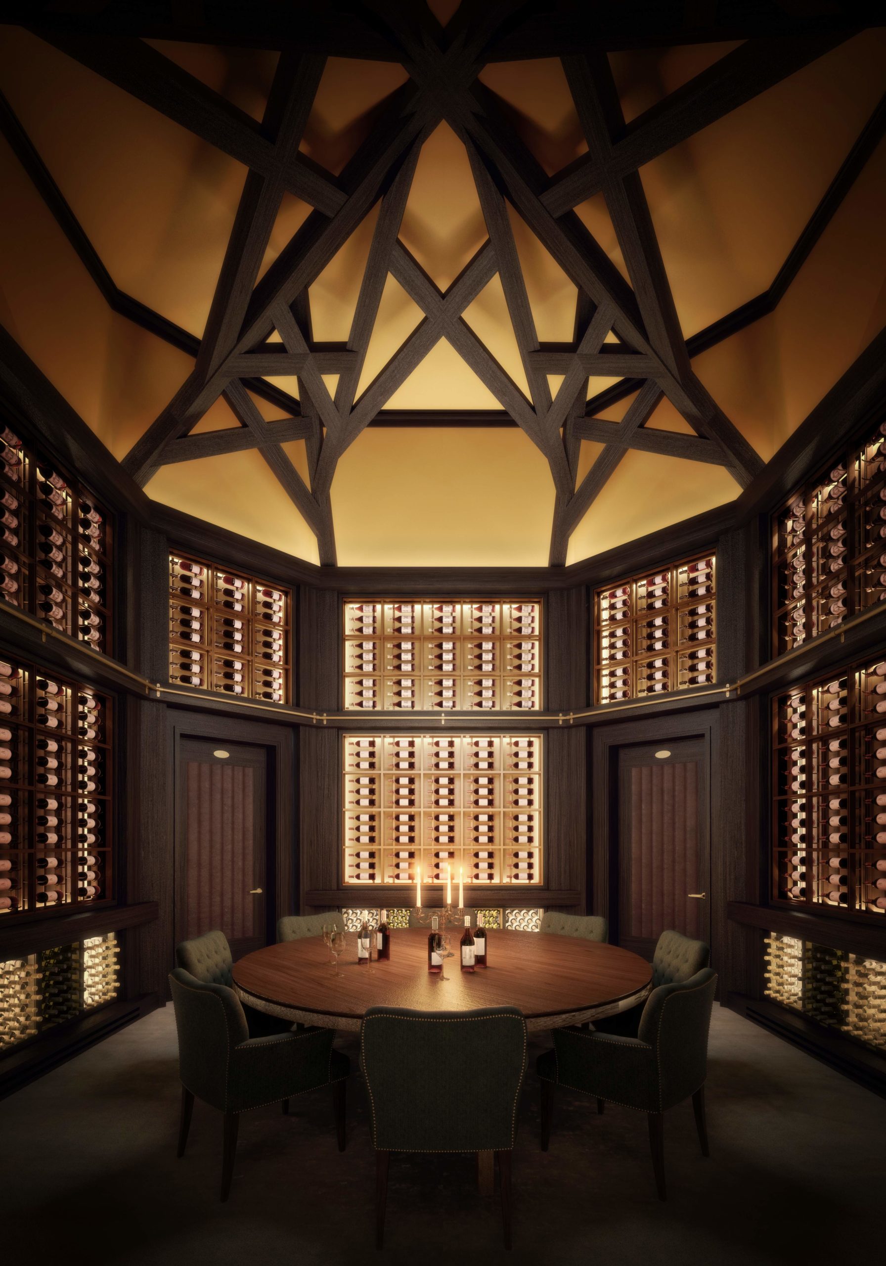 53 West 53 residence wine room located in New York City. Has a high hollow ceiling and dark accented furniture.