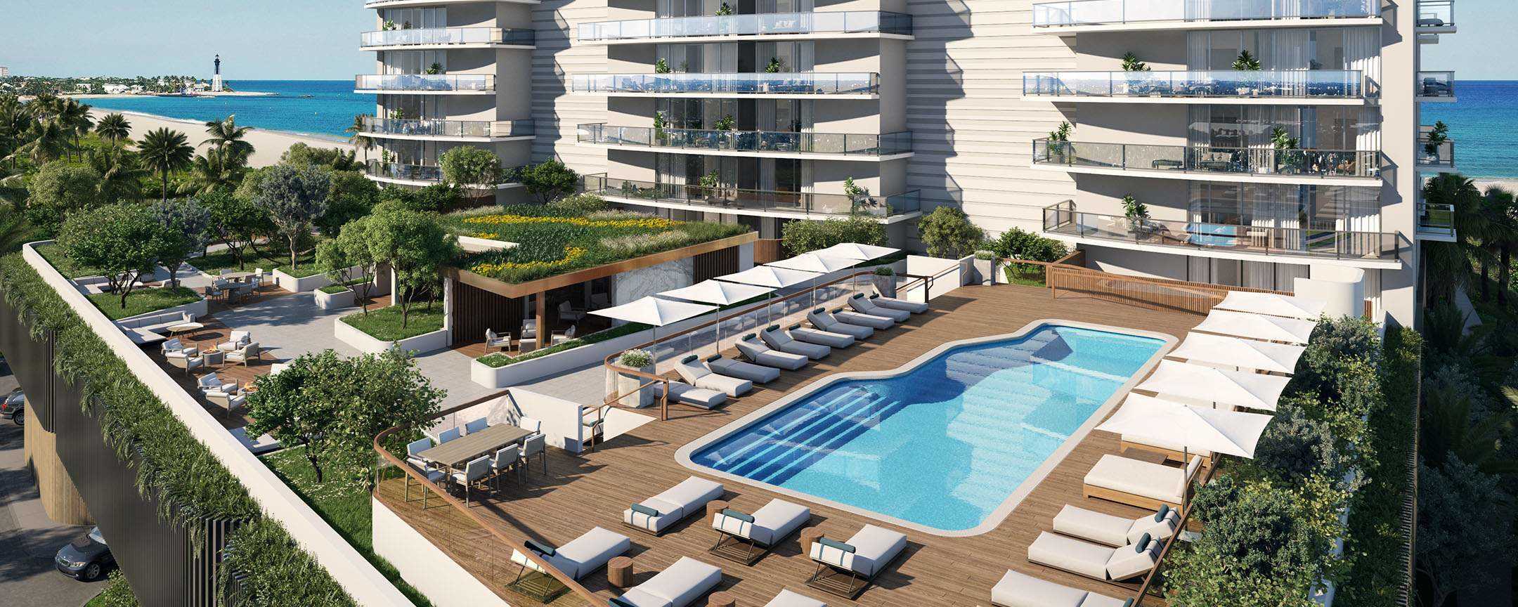 Third floor terrace with pool and garden at Solemar luxury condominiums in Pompano Beach, Florida.