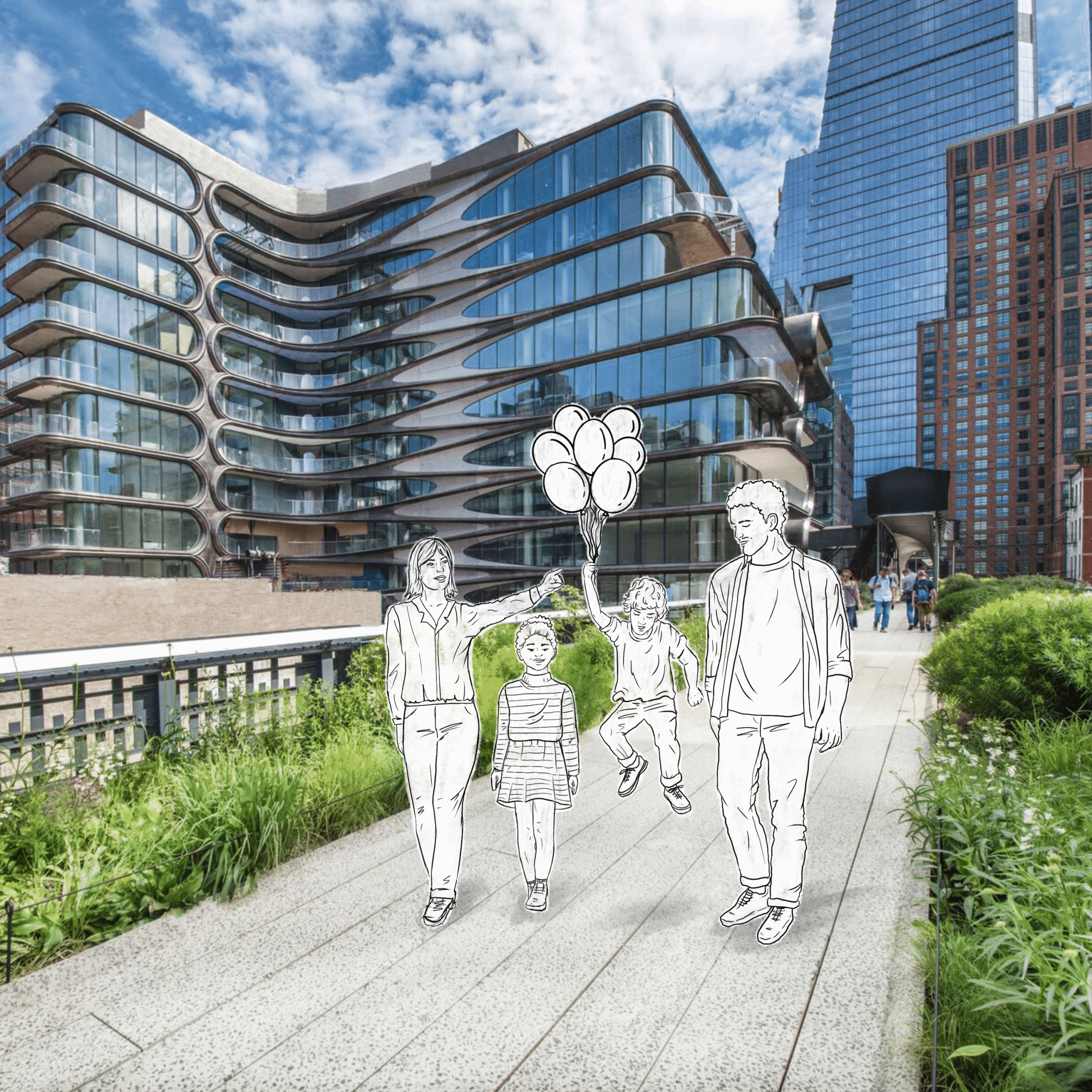 Rendering of a family walking down pathway bordered by shrubbery leading past 520 W 28 condominiums in New York City.