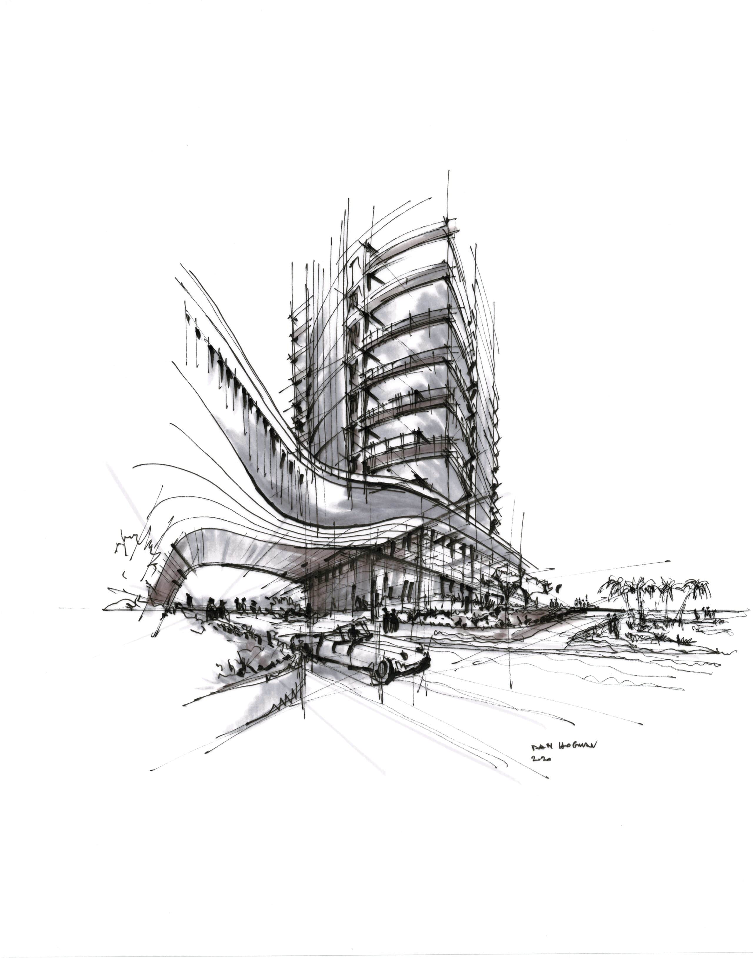 Ground view of Una Residences in Miami. Black and white sketch of luxury condominium complex in Brickell by Dan Hogman.