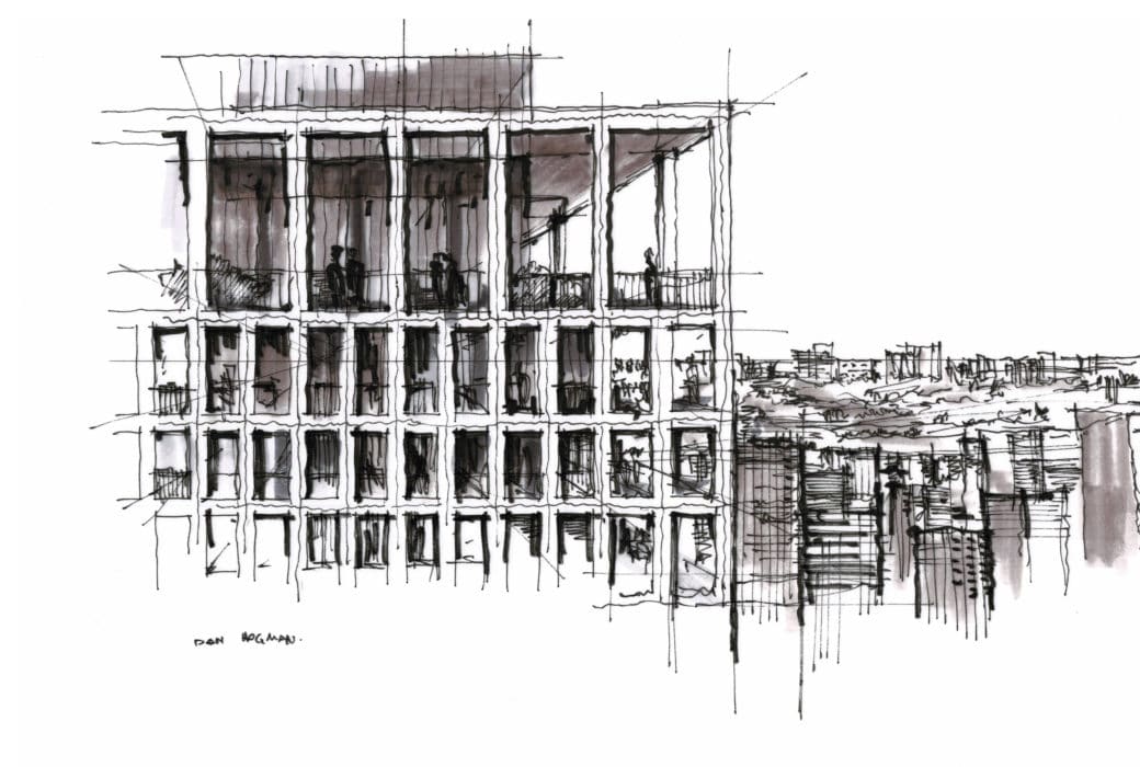 Three black and white building sketches by Dan Hogman. Each sketch shows a different perspective and section of the building.