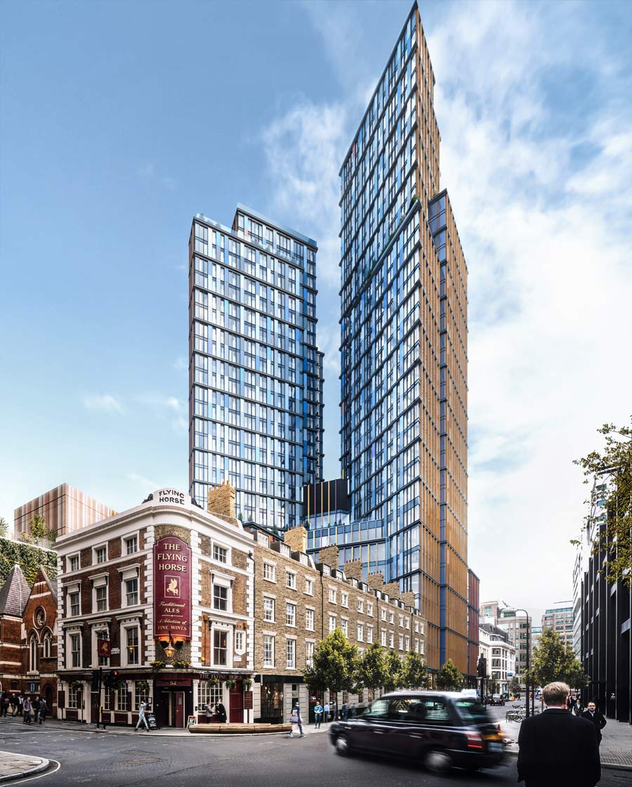 Exterior view of One Crown Place apartments in North London. Two residential towers with glass facade and orange accents.