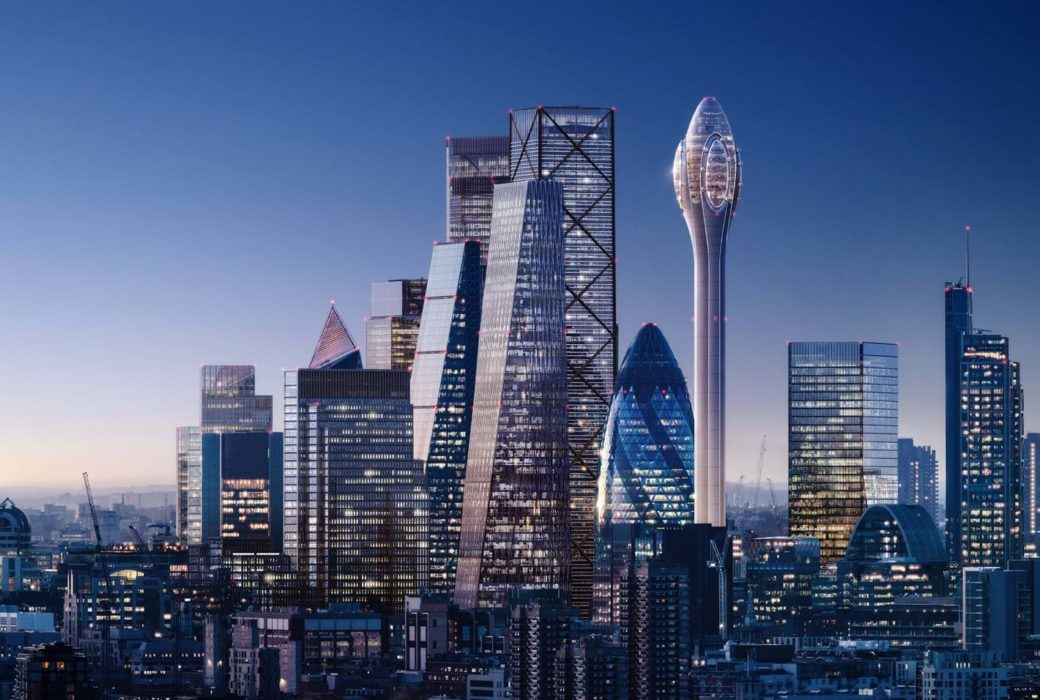 Rendering of The Tulip Tower in London, England. Skyline picture at dusk with The Tulip Tower as the focal point.
