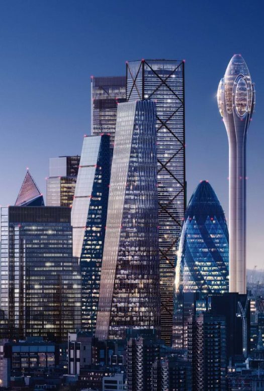 Rendering of The Tulip Tower in London, England. Skyline picture at dusk with The Tulip Tower as the focal point.