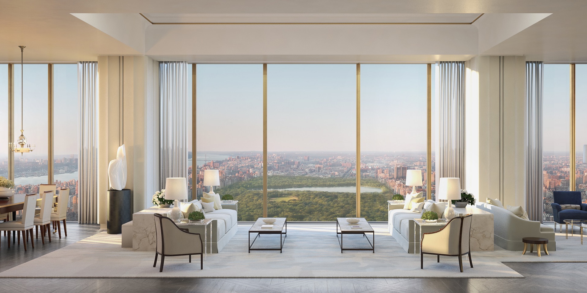 Penthouse living room at 111 West 57th St luxury condos in New York. Floor-to-ceiling windows with views of Central Park.