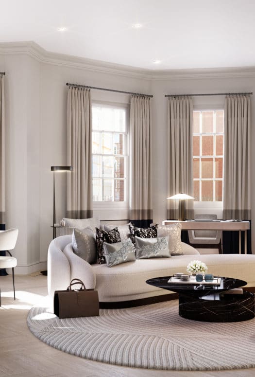 Living room at 82 Mount Street apartments in London. Open room with high ceilings, furniture, fireplace, and dining table.