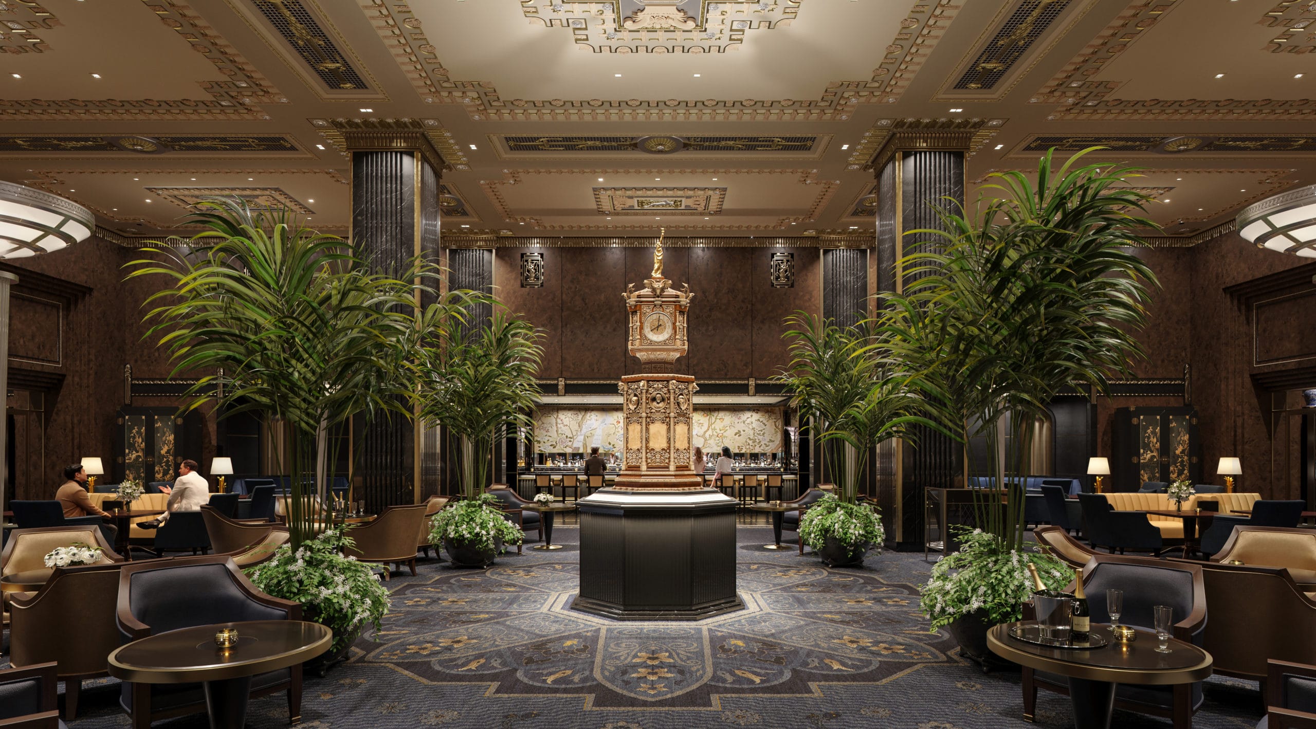 Rendering of reimagined clock in main lobby at the Waldorf-Astoria New York 5-star hotel.