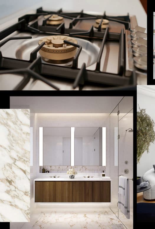 Collage of images from interior features inside The Hayworth luxury condominiums in New York City.